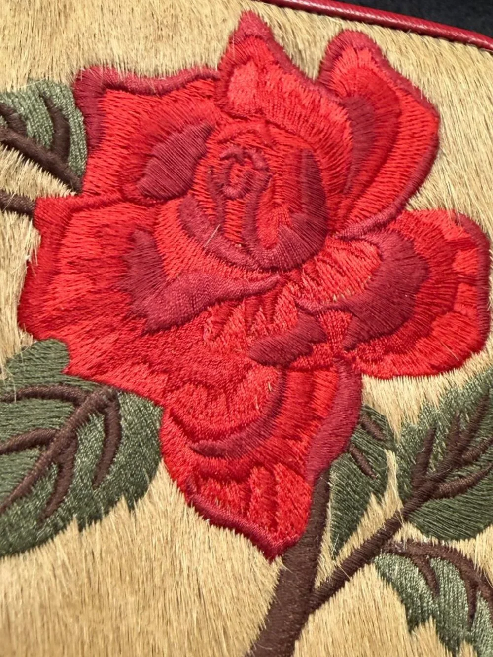 Red Rose Embroidered Hair-On-Hide Genuine Leather Card Organizer Wallet